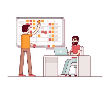 Two developers planning their work. Scrum task board hanging in a team room full of tasks on sticky note cards. Modern flat style thin line vector illustration. Concept isolated on white background.
